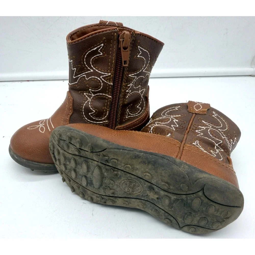 Wonder Nation Cowboy Boots Western Brown Faux Leather Side Zip | Toddler Size 6